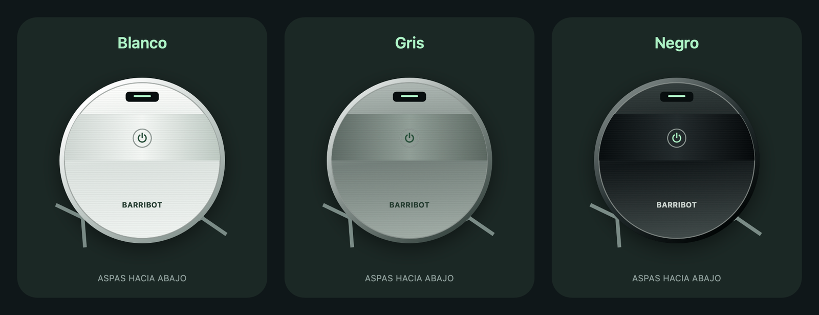 BarriBot en blanco, gris y negro, con las aspas orientadas hacia abajo
